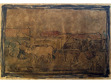 Firma illeggibile (XX secolo) Scena contadina 11x15,5 cm Tecnica mista su carta