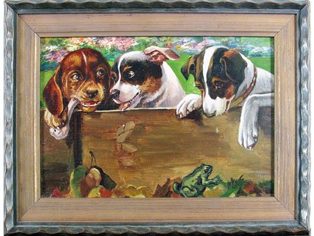 Fulvio Beriola (1902-1965) Scena con cani e rana 18,5x27 Olio su compensato