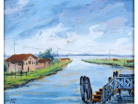 Cecchetto A. (XX secolo) Paesaggio lagunare 30x40 cm Olio su compensato