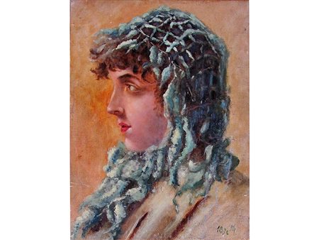 Anonimo (XIX secolo) Profilo di ragazza 42x31,5 cm Olio su tela applicata a...