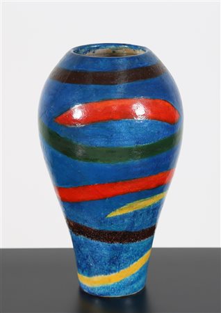 GAMBONE GUIDO (1909 - 1969) Vaso in cerami blu a strisce colorate, anni 50....