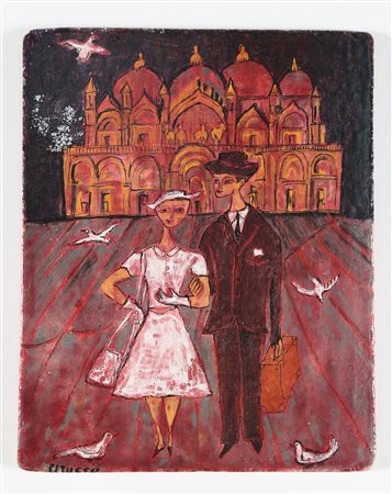 PETUCCO GIOVANNI (1910 - 1961) Piastra in ceramica, Sposini a Venezia, anni...
