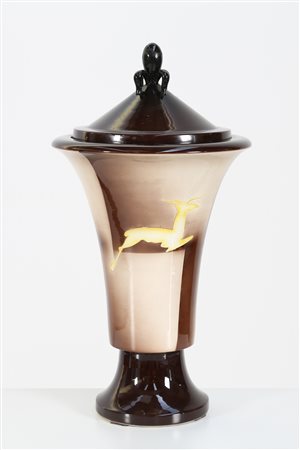 GALVANI ANDREA Gande vaso con coperchio in ceramica con decoro all'aerografo....