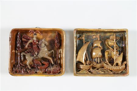 MELANDRI PIETRO Coppia di bassorilievi in ceramica, anni 30. -. Cm 23,00 x...