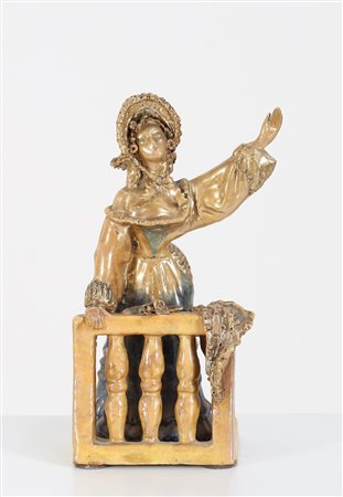 GIO PONTI E PIETRO MELANDRI Scultura donna al balcone in ceramica a lustro....