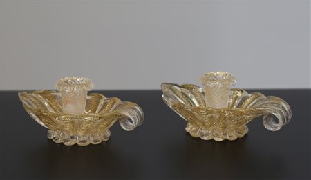 BAROVIER ERCOLE (1889 - 1974) Coppia di candelieri in vetro cordonato e...
