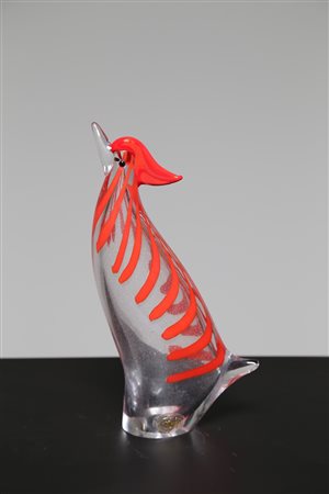 FERRO E LAZZARINI Galletto in vetro e pasta vitrea corallo, Murano anni 60....