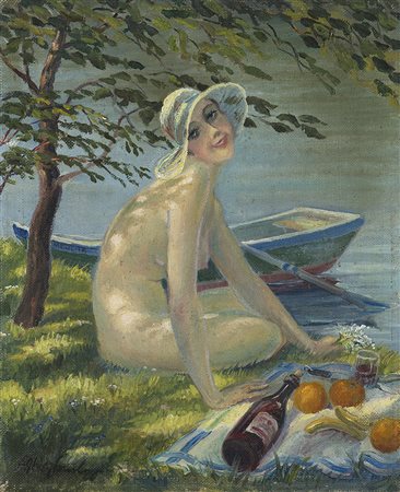Firma indecifrata &quot;Picnic sulla riva, 1933&quot; olio su cartone telato...