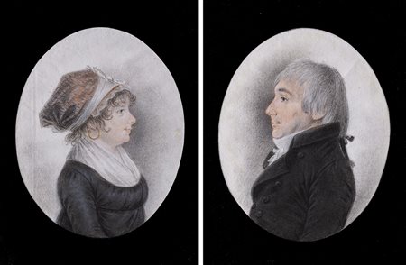 Scuola francese inizio sec. XIX &quot;Ritratto di gentiluomo e gentildonna di...