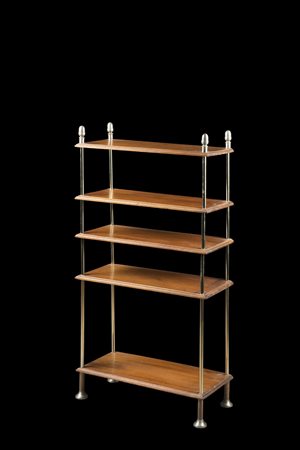 Etag&egrave;re in legno a cinque ripiani e montanti in metallo, inizio sec....