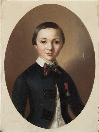 Scuola del sec. XIX &quot;Ritratto di fanciullo con decorazione&quot; olio su...