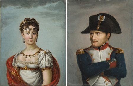 Scuola del sec. XIX "Napoleone e Josephine" coppia di olii su...