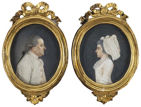 Scuola del sec. XVIII "Profili di gentiluomo e gentildonna" coppia...