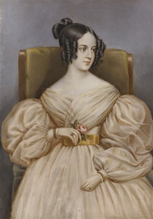 Scuola del sec. XIX "Ritratto di gentildonna seduta con rosa in...