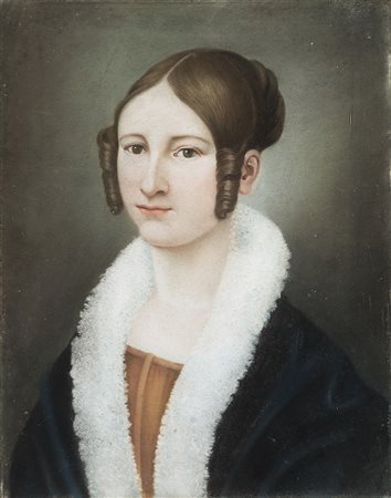 Maestro del sec. XIX "Ritratto di gentildonna in veste verde con collo...