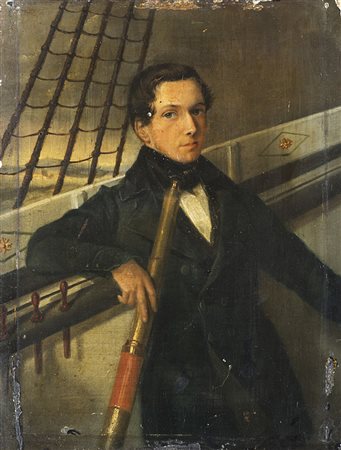 Scuola del sec. XIX "Ritratto di gentiluomo con cannocchiale" olio...