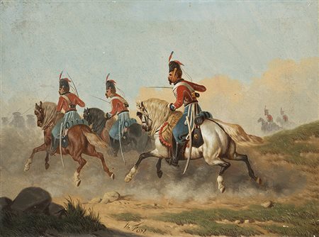 Theodor Fort (Francia 1810 - 1896) "Soldati a cavallo" olio su tela...