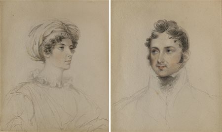 Scuola del sec. XIX "Ritratto di gentiluomo e gentildonna" coppia...