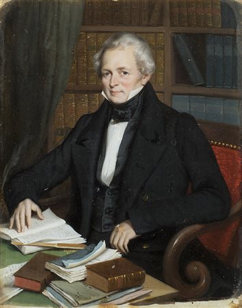 Maestro del sec. XIX "Ritratto di letterato nella sua biblioteca"...