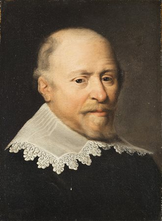 Artista del sec. XVII "Ritratto di gentiluomo in abito scuro con ampio...