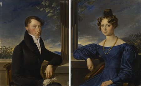 Maestro del sec. XIX "Gentiluomo e gentildonna in un paesaggio"...