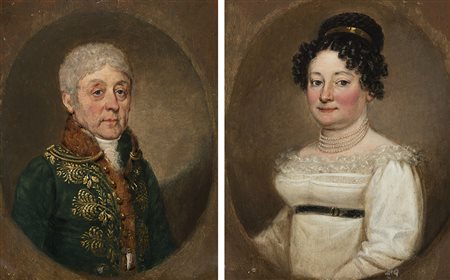 Scuola del sec. XIX "Ritratto di gentiluomo e gentildonna" coppia...