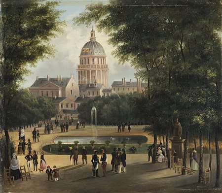 Fani (sec. XIX) "Veduta di parco con figure e citt&agrave; sullo...