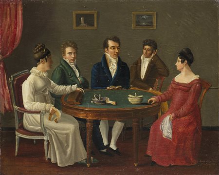 Lucie de Sablon (sec. XIX) "Conversazione in salotto" olio su tela...