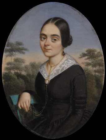 Maestro del sec. XIX "Ritratto di gentildonna in un paesaggio"...