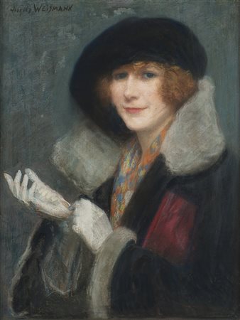 Jacques Weismann (1878) "Gentildonna con cappello e mantello nero"...