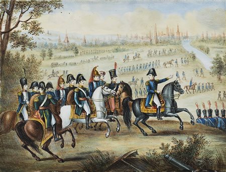 Scuola del sec. XIX "Napoleone a cavallo a capo di un drappello"...