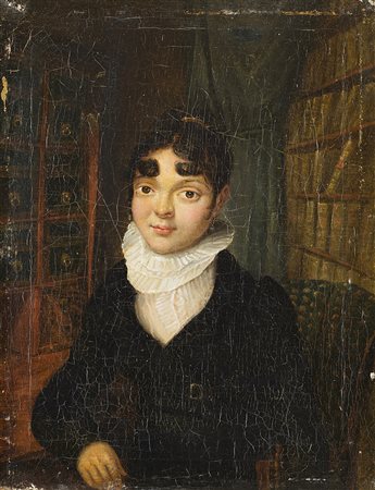 Scuola del sec. XIX "Ritratto di fanciulla in un interno" olio su...