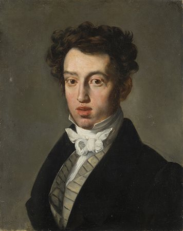 Maestro del sec. XIX "Ritratto di giovane con foulard bianco" olio...