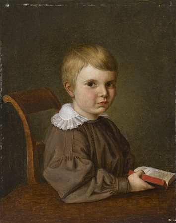Scuola del sec. XIX "Ritratto di fanciullo con libro" olio su tela...