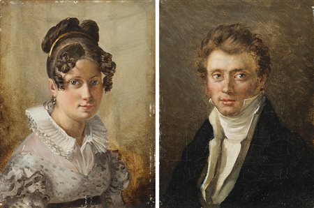 Scuola del sec. XIX "Ritratto di gentildonna dall'elaborata...