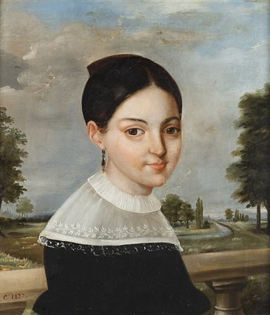 Ignoto, sec. XIX "Fanciulla in un paesaggio" olio su tela (cm...