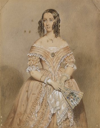 Scuola del sec. XIX "Ritratto di gentildonna in abito rosa e pizzo"...