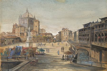 Ignoto "Mercato vicino al Naviglio di San Lorenzo" tecnica mista su carta (cm...