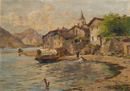 Silvio Poma (Trescore Balneario 1840 - Turate 1932) "Veduta lacustre" olio su...