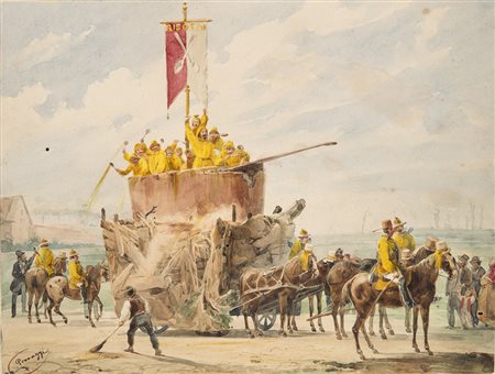 Cesare Provaggi (XIX Secolo 0) "Mascherata del risotto" acquerello su carta...