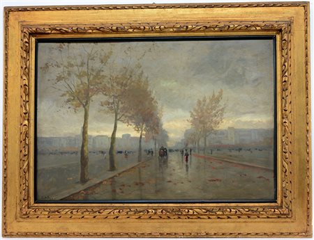 Rosario Di Fazio (1892 - 1958) "Viale di città", olio su compensato (cm...