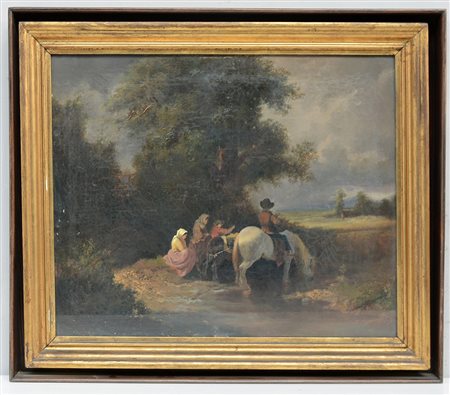 Scuola del sec. XIX. "La sosta" olio su tela (cm 50x60) in cornice
