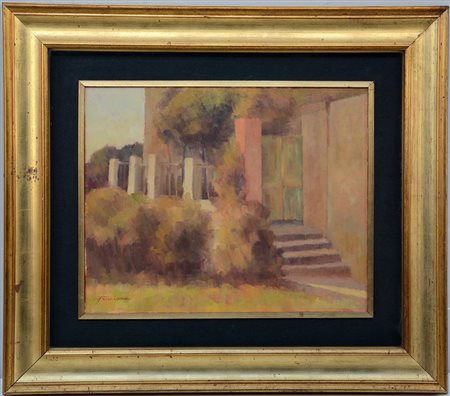 Mario Frixione (Genova Pegli 1939) "Il cancello" olio su tela (cm 40x50)...