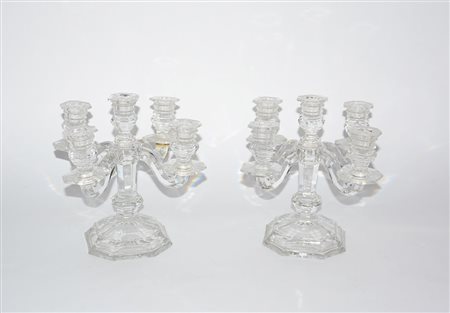 Coppia di candelieri in cristallo a cinque fiamme (h cm 25) (difetti)