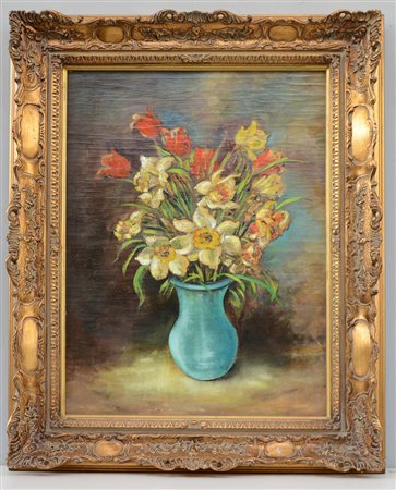 Firma indecifrata "Vaso con fiori" olio su tela applicata su compensato (cm...