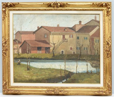 M. Simonetta "Paesaggio con case e ruscello" olio su compensato (cm 60x76)...