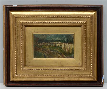 Ignoto "Panni stesi" olio su cartone (cm 10.5x17) reca firma indecifrata in...