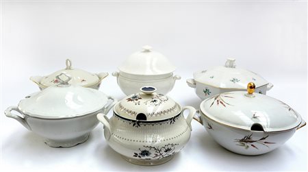 Lotto di sei zuppiere con coperchi di manifatture differenti (difetti)