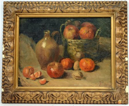 Firma indecifrata "Natura morta con cesto di frutta e anfora" olio su tela...