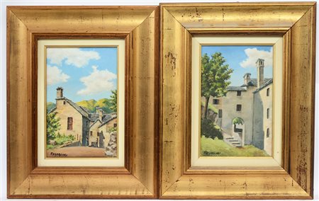 Renato Regogliosi Coppia di olii su tela raffiguranti scorci di paese (cm...